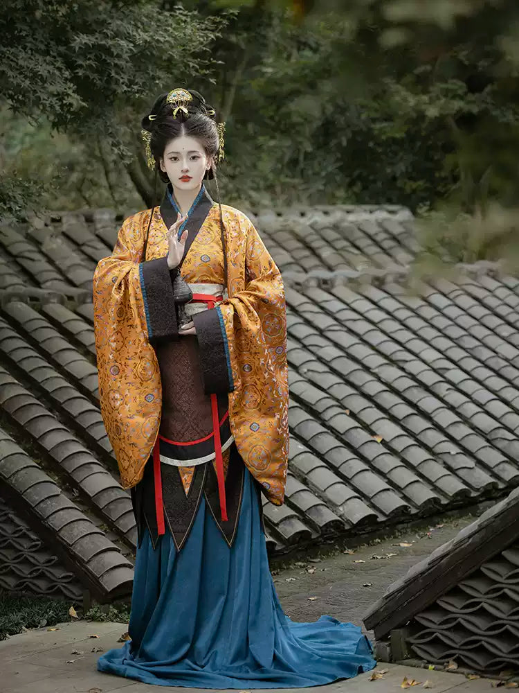 Traditional Hanfu Robe with Red and Blue Accent Belt - Elegant Chinese Ancient Costume
