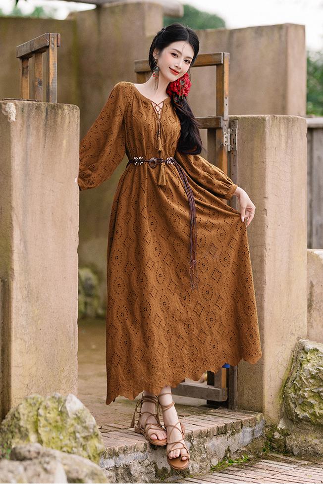 Boho Lace-Up Brown Dress with Long Sleeves
