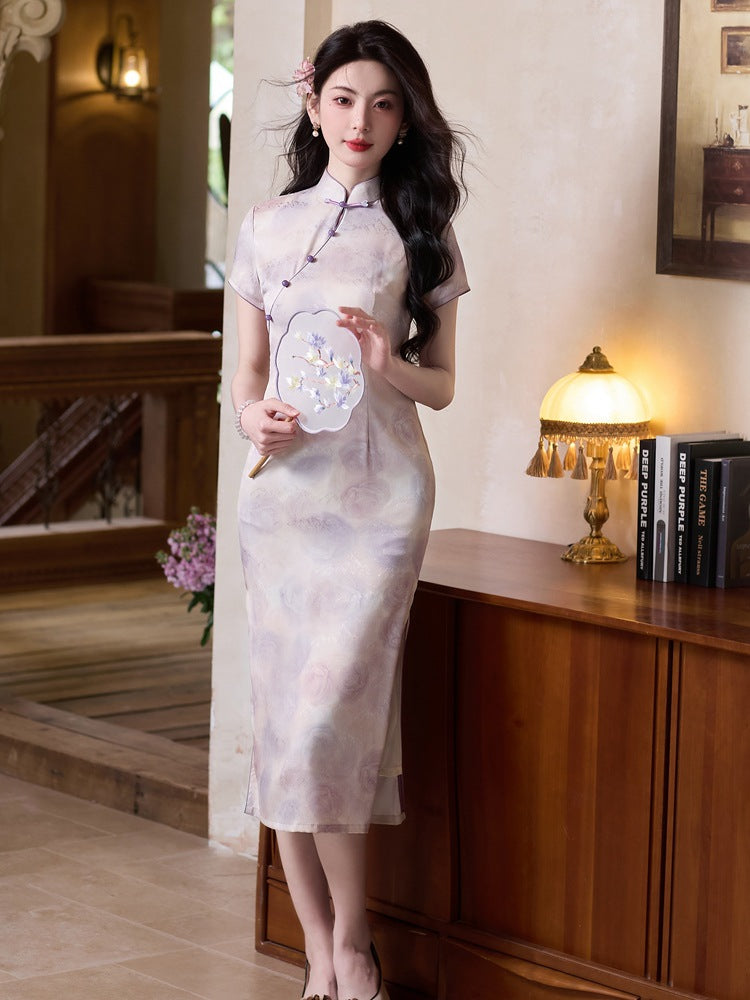 Mist-Lilac Jacquard Qipao | Slim Mandarin Midi Cheongsam
