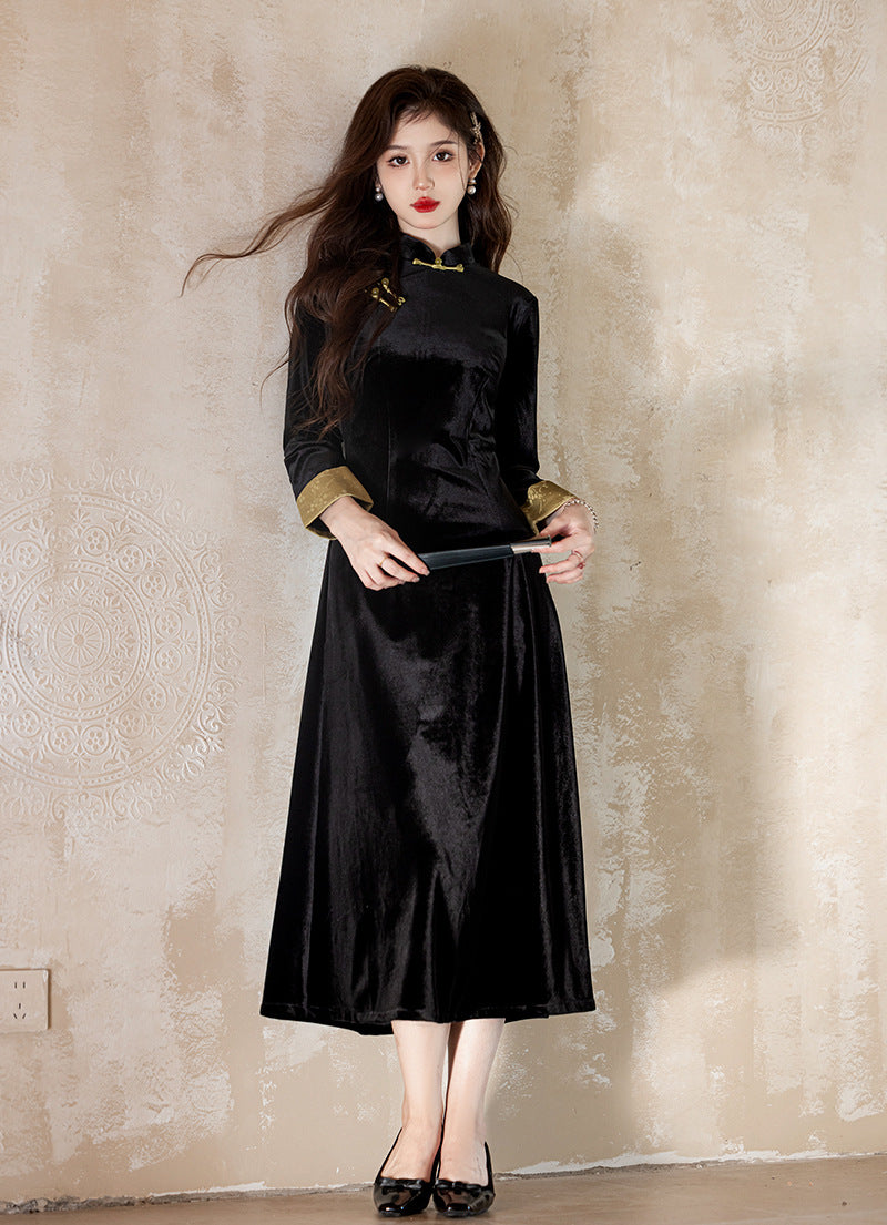 Black Cheongsam Dress with Yellow Collar – Elegant Chinese Traditional Dress