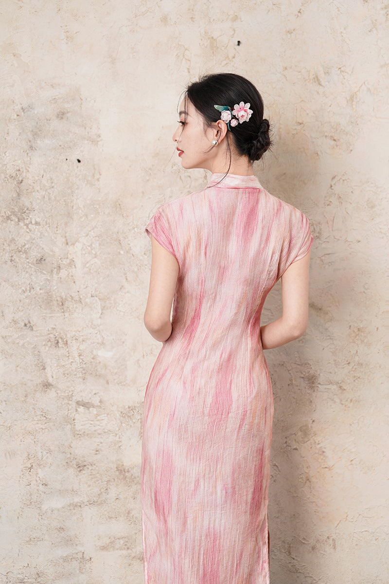 Half-Overlap Long Qipao | Cap-Sleeve Slim Mandarin Dress