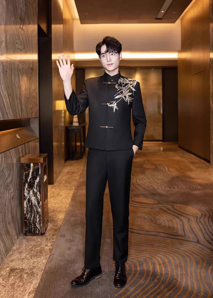 Men’s Black Bamboo Embroidery Zhongshan Suit
