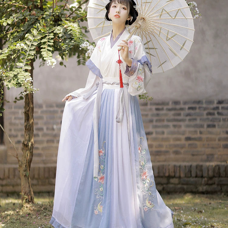 Floral Embroidered Song Dynasty Hanfu Dress – Flowing Chiffon Fairy Gown