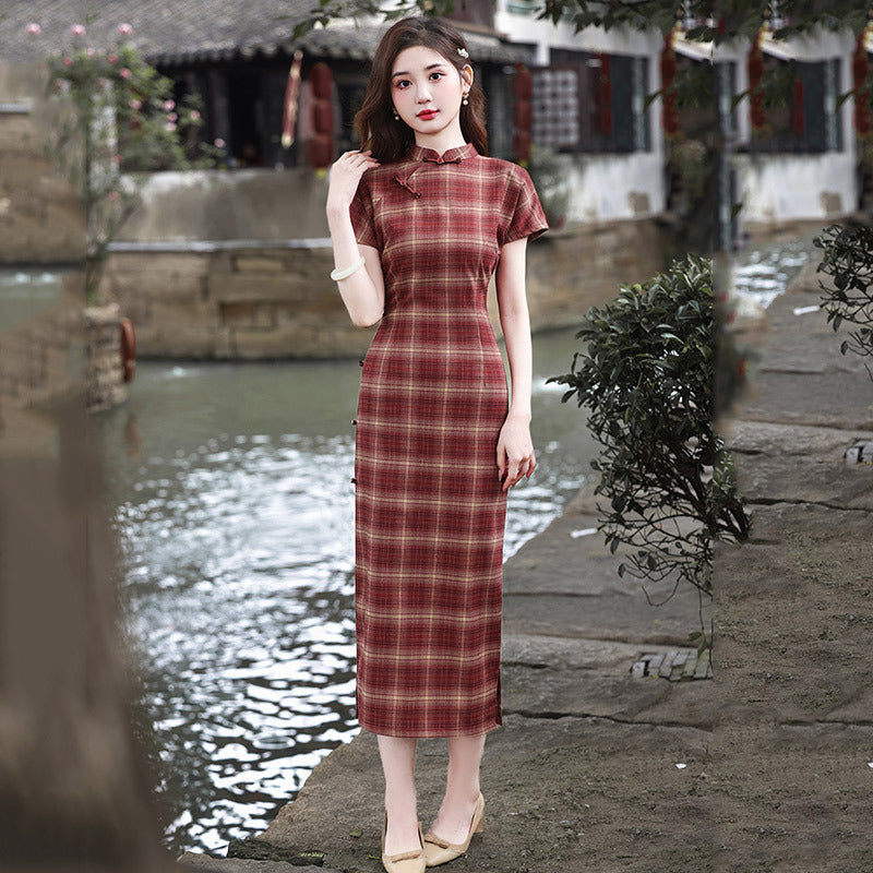 Elegant Plaid Cheongsam Dress Traditional Chinese Qipao for Women