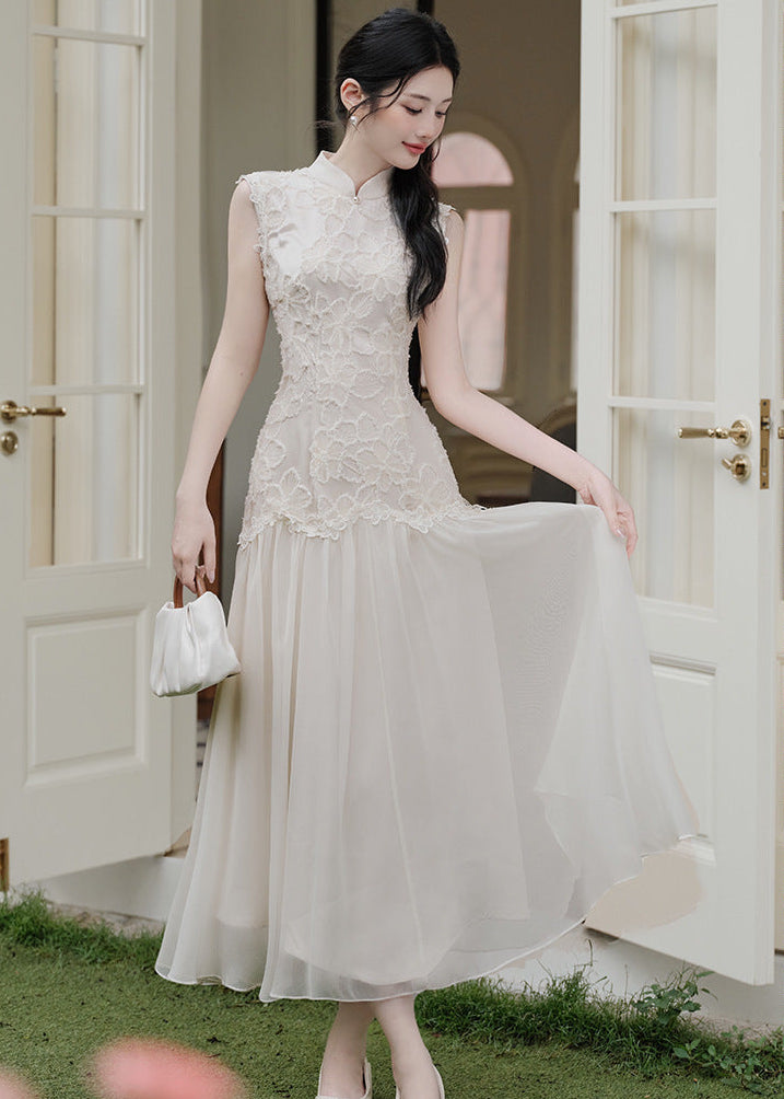 Lace Qipao Gown | Sleeveless White Mandarin Maxi Dress