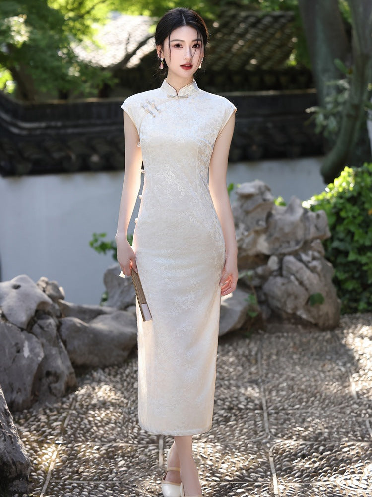 Beige Jacquard New-Chinese Sleeveless Qipao Dress | Sleek Elegant Maxi for Summer