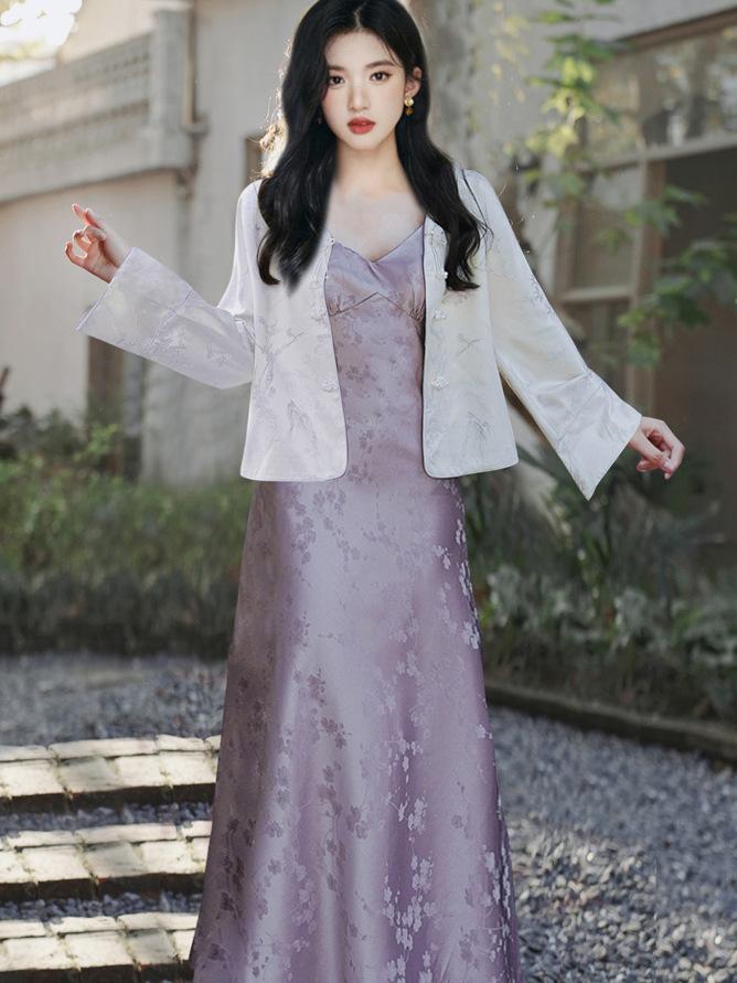 Elegant Purple Floral Dress with White Satin Jacket – Perfect for Traditional Hanfu