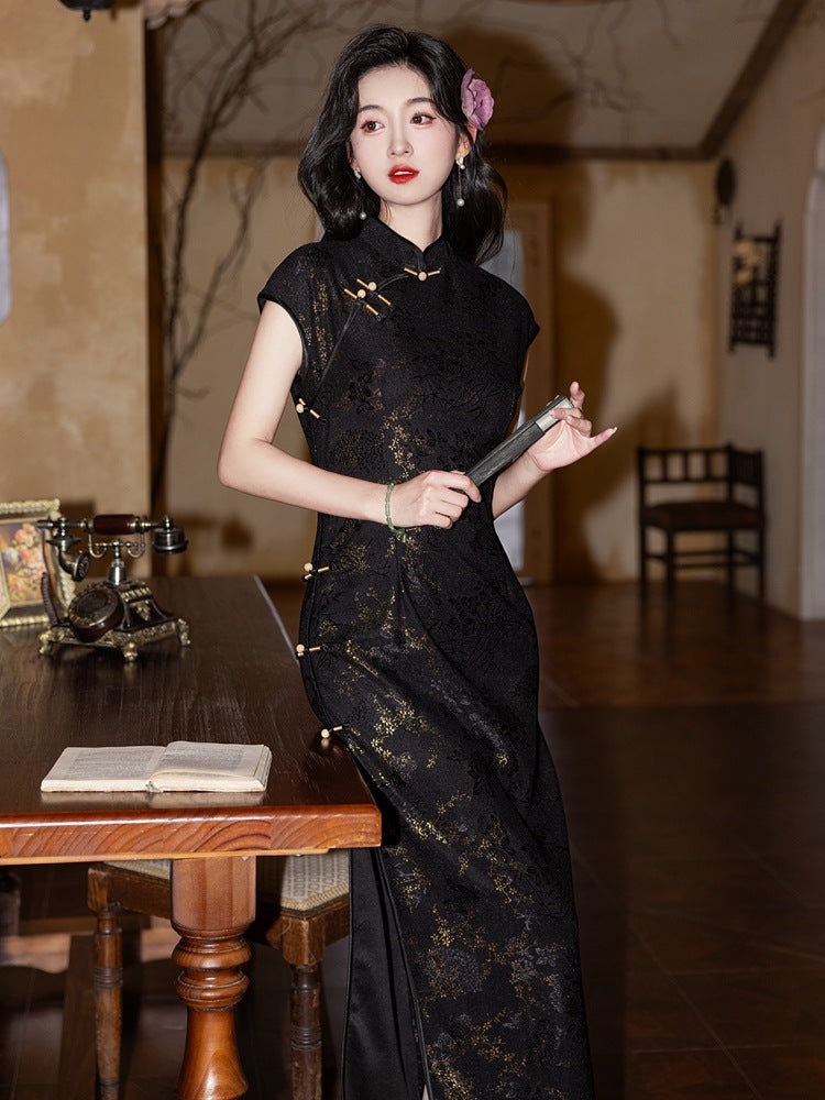 Black Gold Lace Embroidered Vintage Qipao Dress | High Waist Slim Fit Design