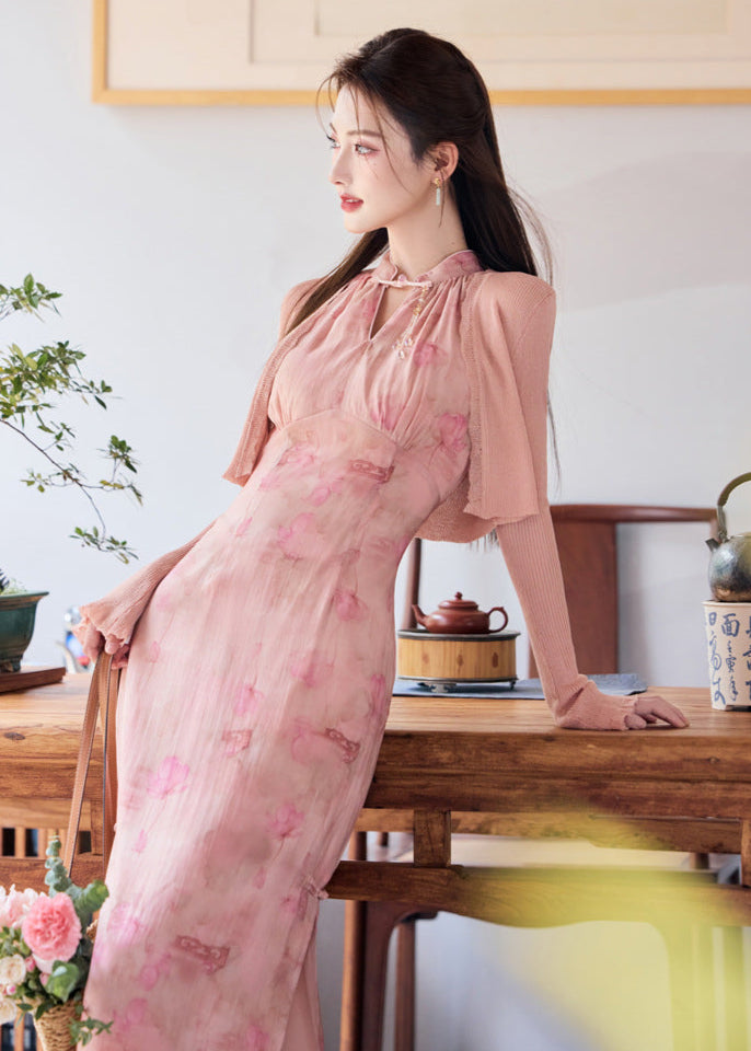 Chinese Style Pink Gradient Halter Cold-Shoulder Qipao Dress