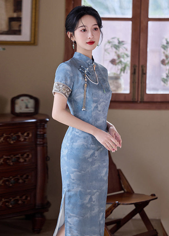 Mist-Blue Vintage Jacquard Qipao | Slim Mandarin Maxi