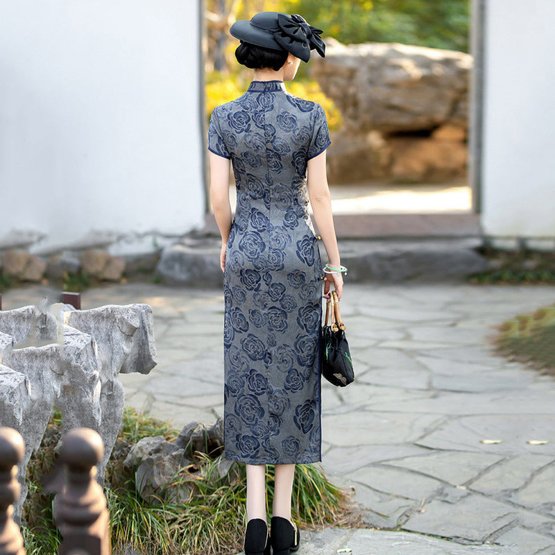 Elegant Vintage Floral Cheongsam Dress Chinese Qipao with Short Sleeves