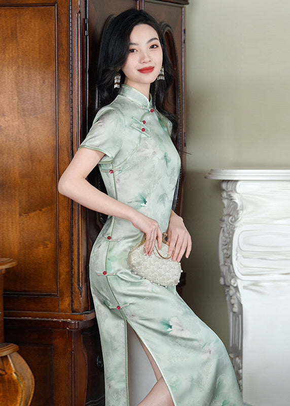 Light Green Vintage Qipao | Summer Short-Sleeve Floral Cheongsam