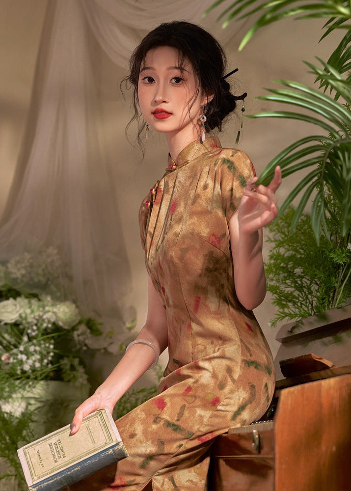 Classic Shanghai Qipao | Summer Cap-Sleeve Mandarin Maxi with Ink Floral