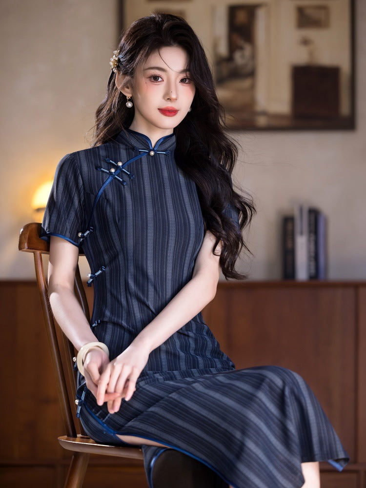 Navy Striped Qipao | Mandarin Collar Slim Midi Dress
