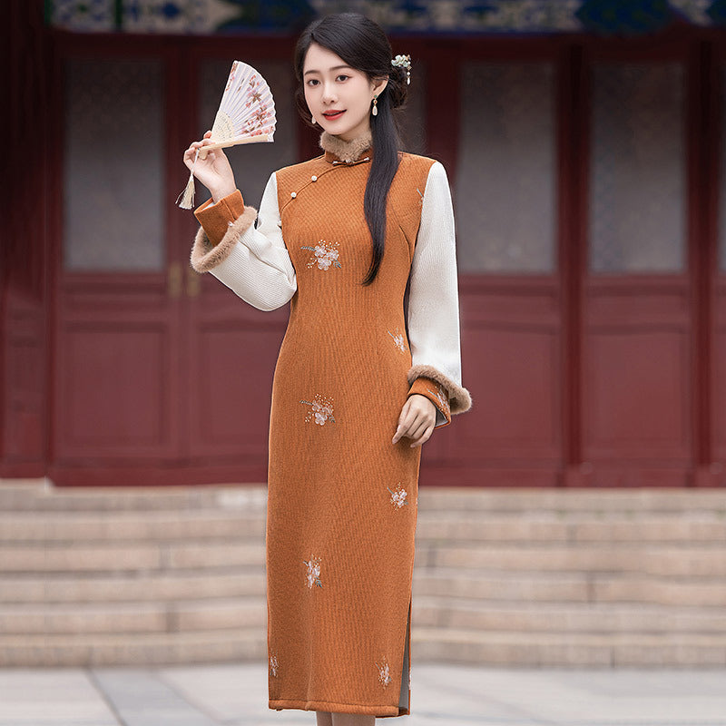 Vintage Embroidered Cheongsam Dress Elegant Hanfu Style Winter Qipao