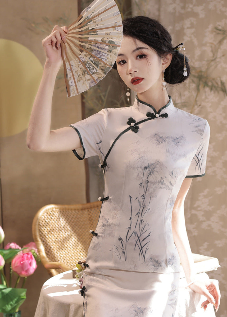 Slim Long Modern Cheongsam Dress | Mandarin Collar & Ink Landscape & Side Slit
