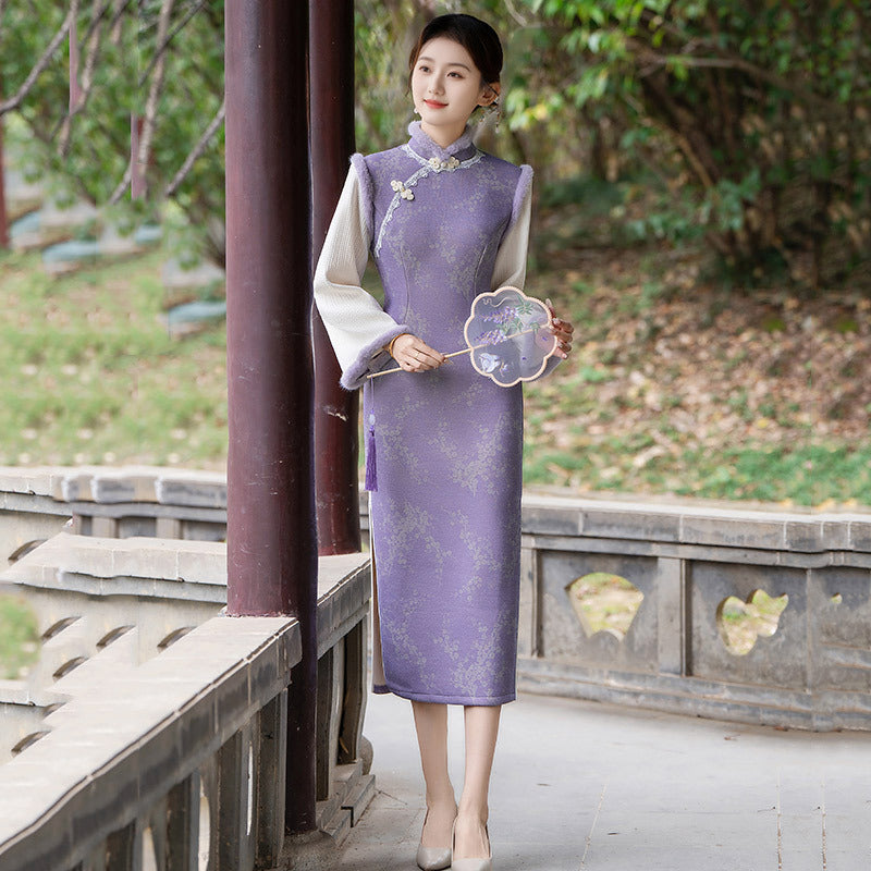 Elegant Purple Cheongsam with Lace and Floral Detailing