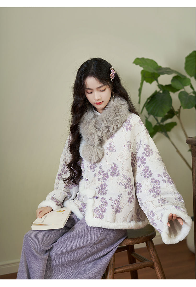 Floral Faux Fur Hanfu Winter Jacket – Elegant Traditional Style Outerwear