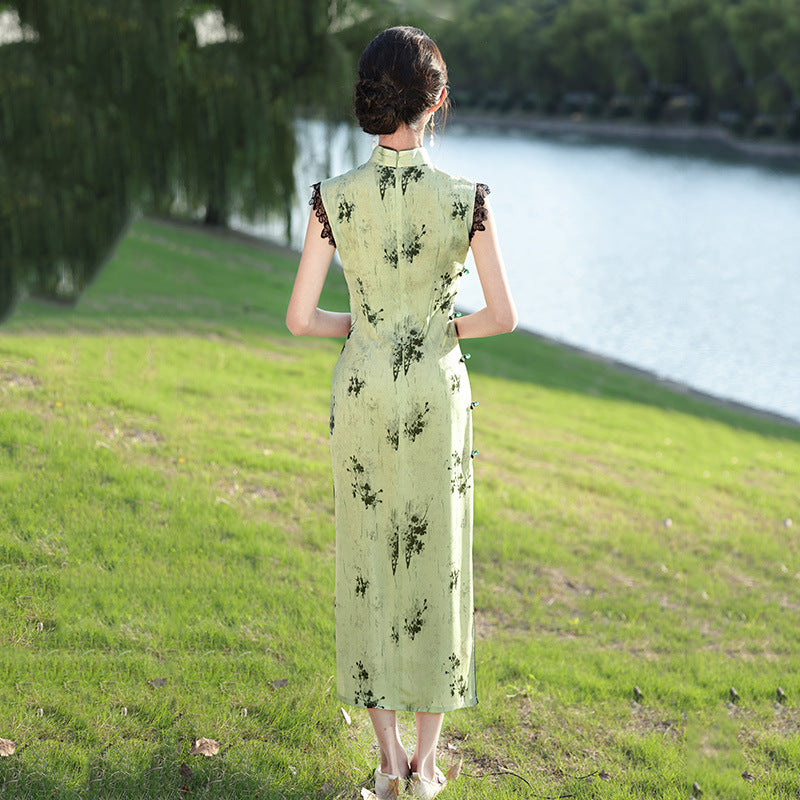 Elegant Vintage Sleeveless Cheongsam Dress – Floral Print Hanfu Qipao Gown