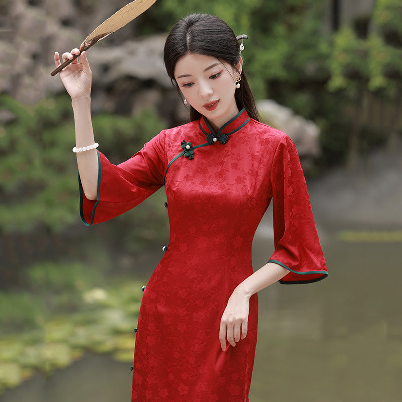 Elegant Red Floral Qipao Dress with Bell Sleeves