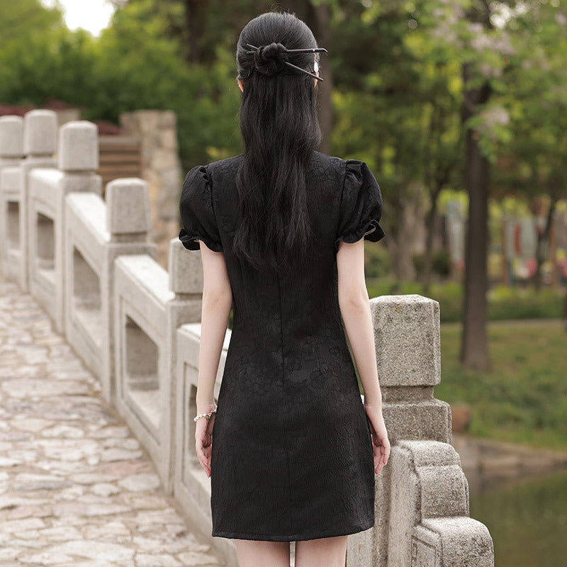 Elegant Black Chinese-Inspired Mini Dress with Puff Sleeves for Women