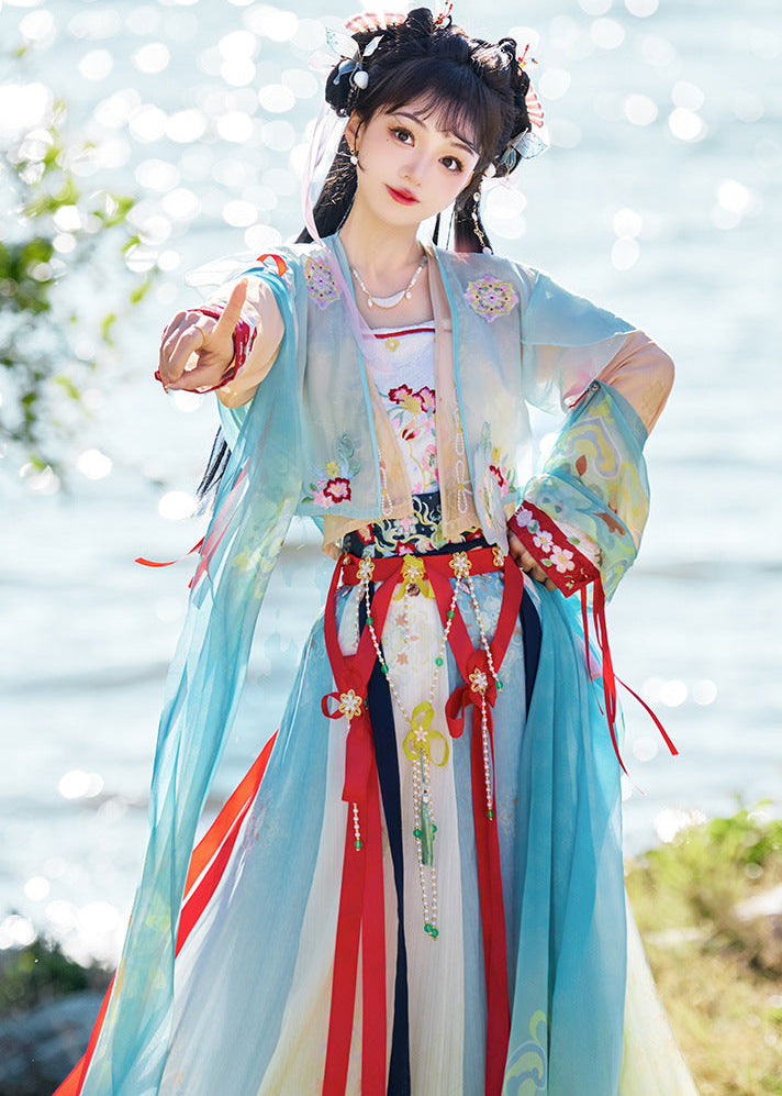 Sheer Shawl Hanfu Set | Embroidered Jacket & Chest-High Skirt
