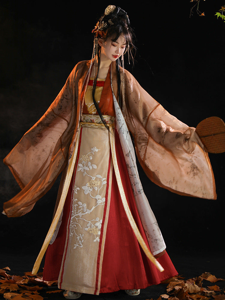 Elegant Tang Dynasty Hanfu Dress Set with Embroidered Cloak & Flowing Skirt