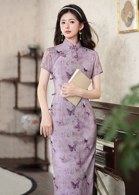Purple Butterfly Qipao | Slim Mandarin Maxi with Short Sleeves