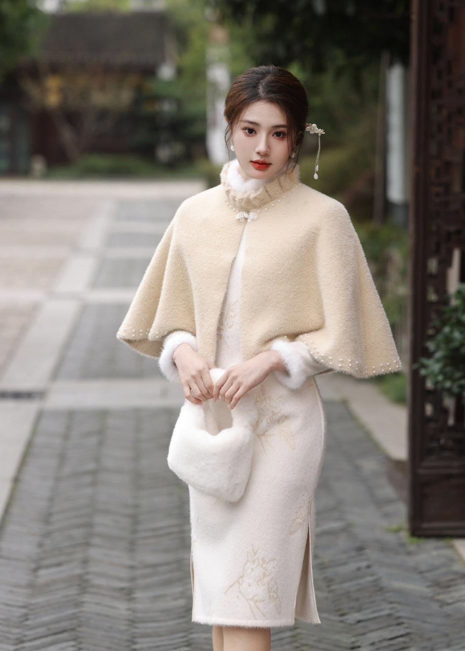 Fuzzy Winter Capelet | Ruffled Collar, Pearl Trim, Warm & Hanfu-Friendly