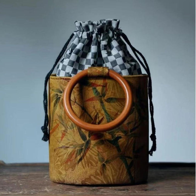 Vintage-Inspired Floral Bucket Bag with Wooden Handle - Perfect for Hanfu Styling