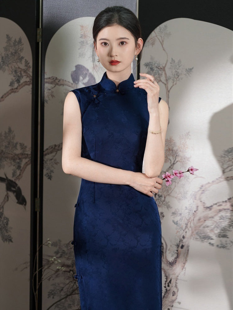 New Chinese Style Blue Sleeveless Full-Front Qipao | Traditional Elegant Floor-Length Design