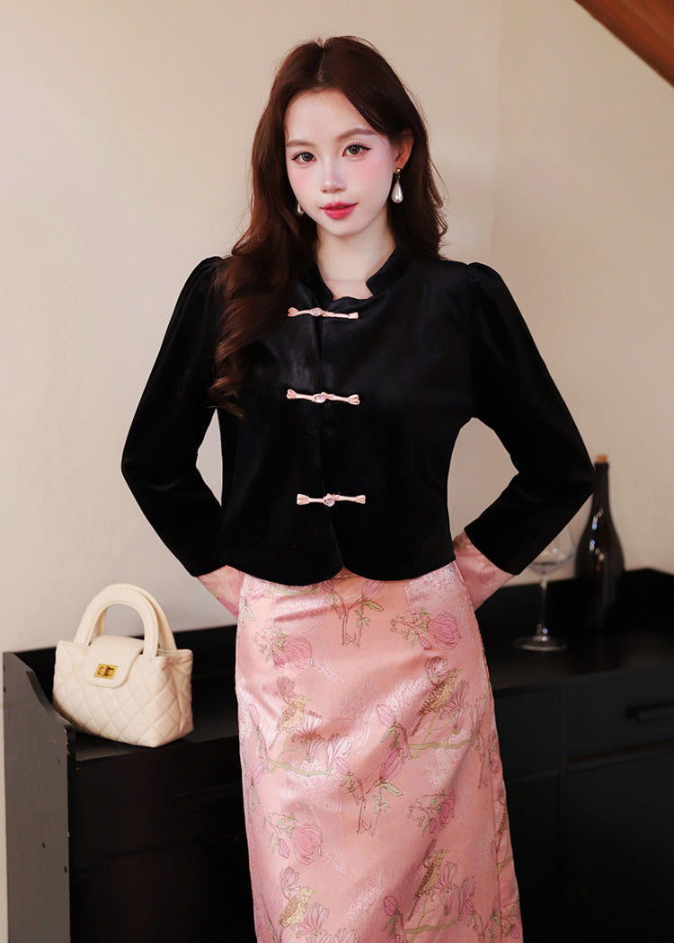 Embellished Frog-Button Top & Jacquard Skirt Set | New Chinese