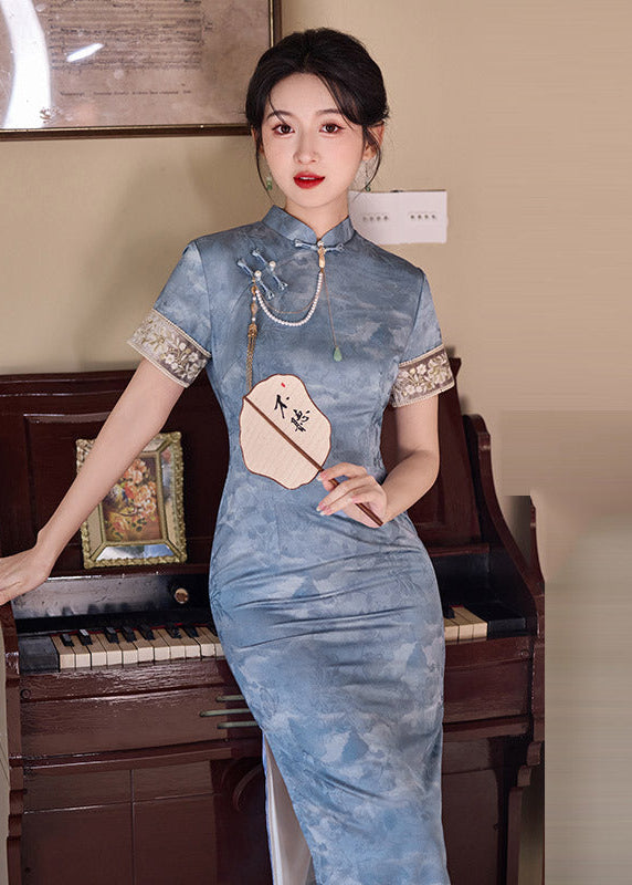 Mist-Blue Vintage Jacquard Qipao | Slim Mandarin Maxi