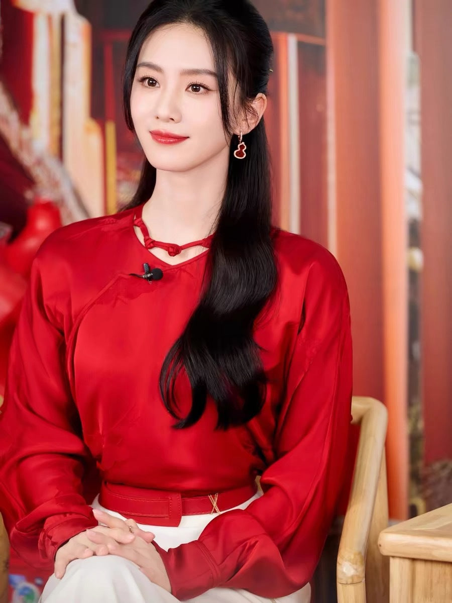 Red Blouse and White Skirt Modern Chinese Fashion Set for Wedding