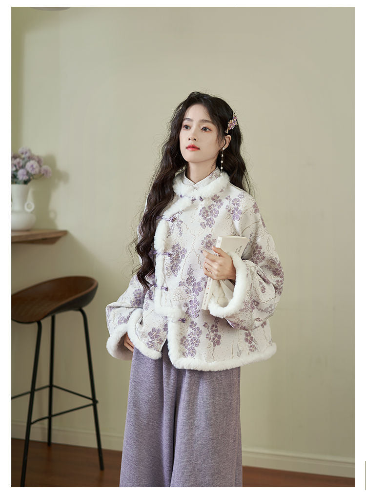 Floral Faux Fur Hanfu Winter Jacket – Elegant Traditional Style Outerwear