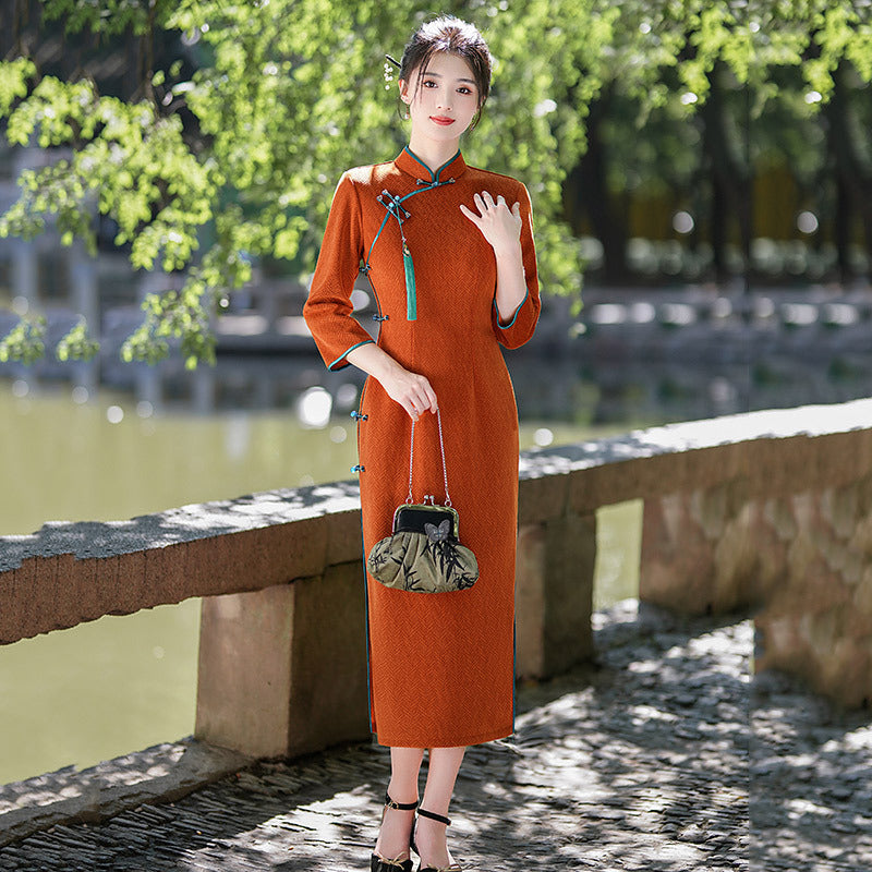 Elegant Red Chinese Style Dress with Floral Embroidery and Tassel Details