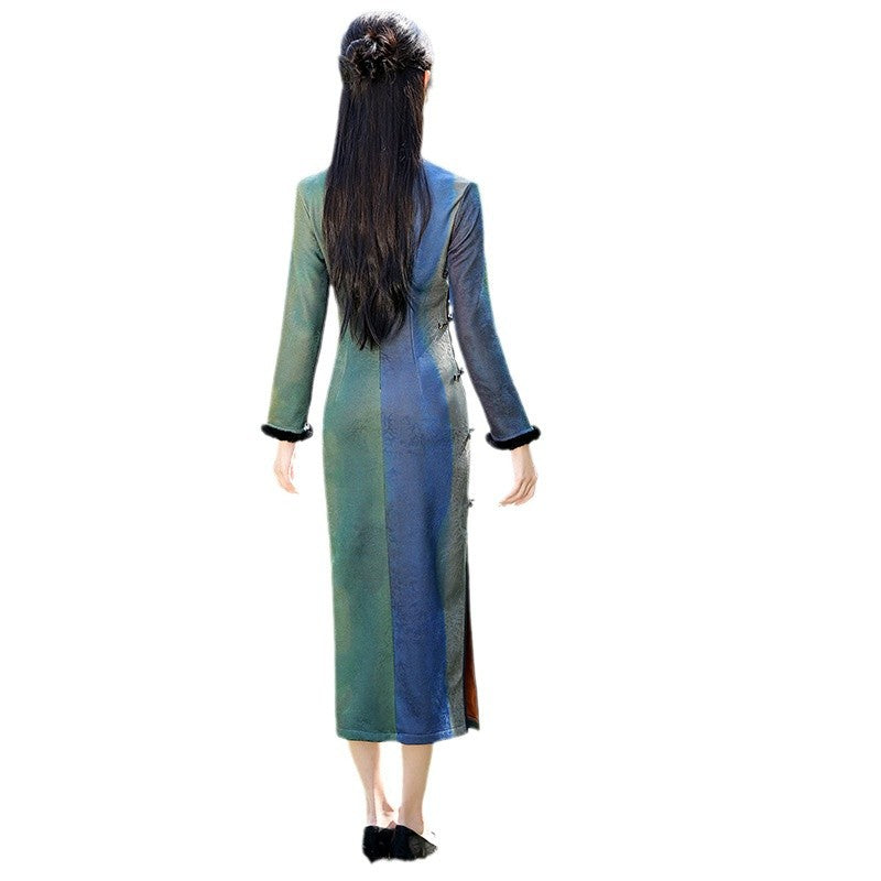 Elegant Cheongsam Dress – Vintage Long Sleeve Qipao with Fur Trim