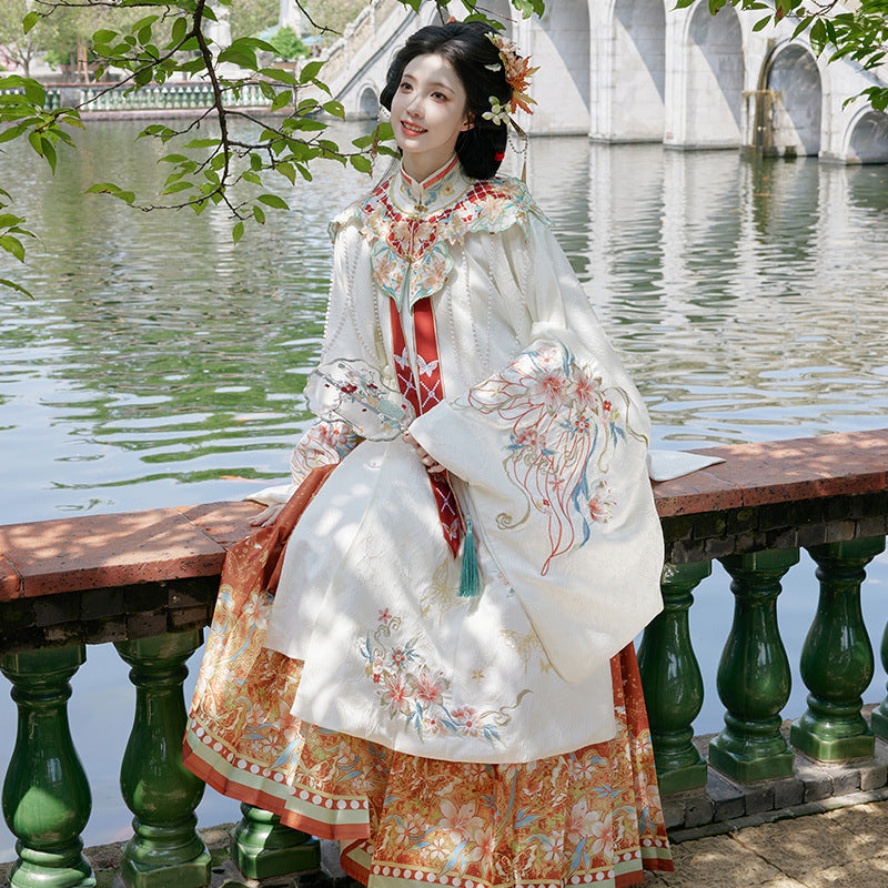 Elegant White Floral Hanfu Dress with Embroidery and Colorful Ribbon