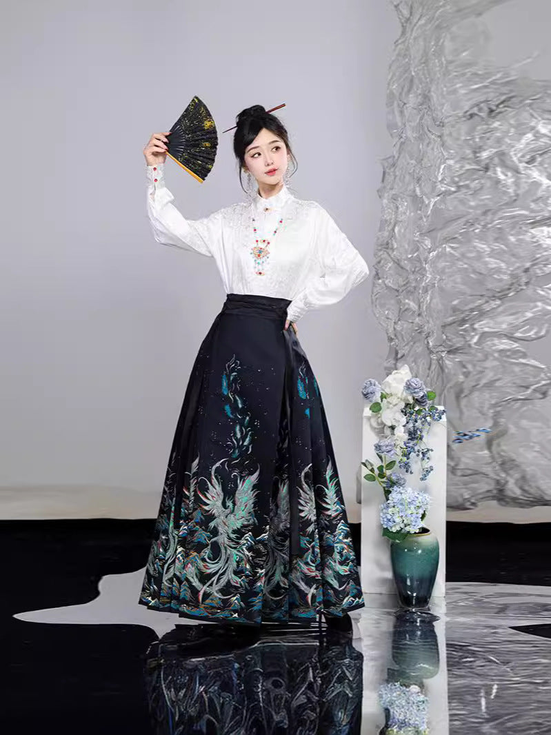 Elegant Phoenix Embroidered Hanfu Skirt Set– Traditional High-Waist Flowing Maxi