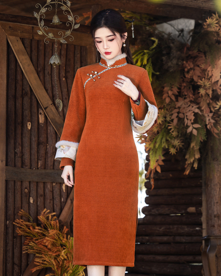 Vintage Chenille Long Sleeve Qipao Dress Winter Warm Midi Cheongsam Hanfu Style