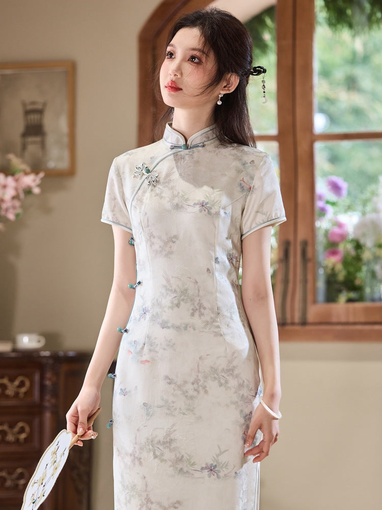 Ivory Jacquard Qipao | Mandarin Collar Slim Midi Dress