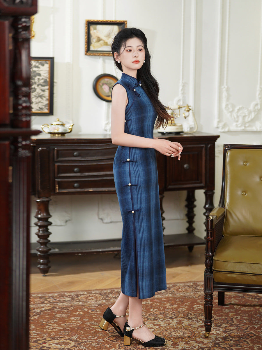 Summer Sleeveless Blue Vintage Qipao | Slim Fit Elegant Cheongsam Dress