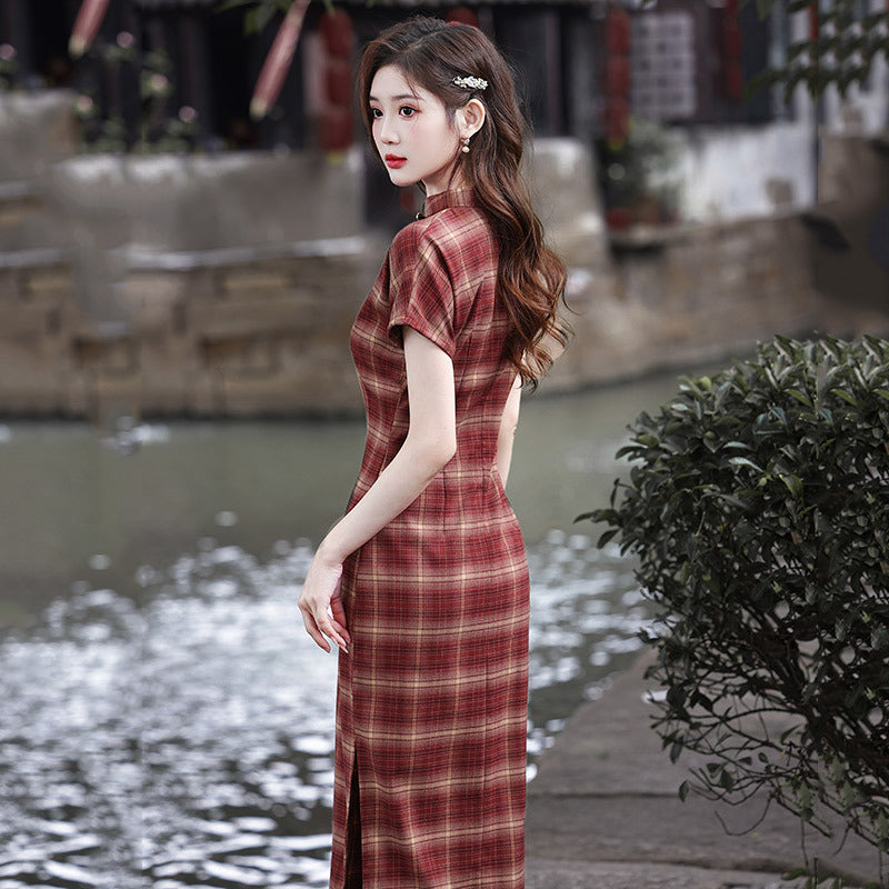 Elegant Plaid Cheongsam Dress Traditional Chinese Qipao for Women