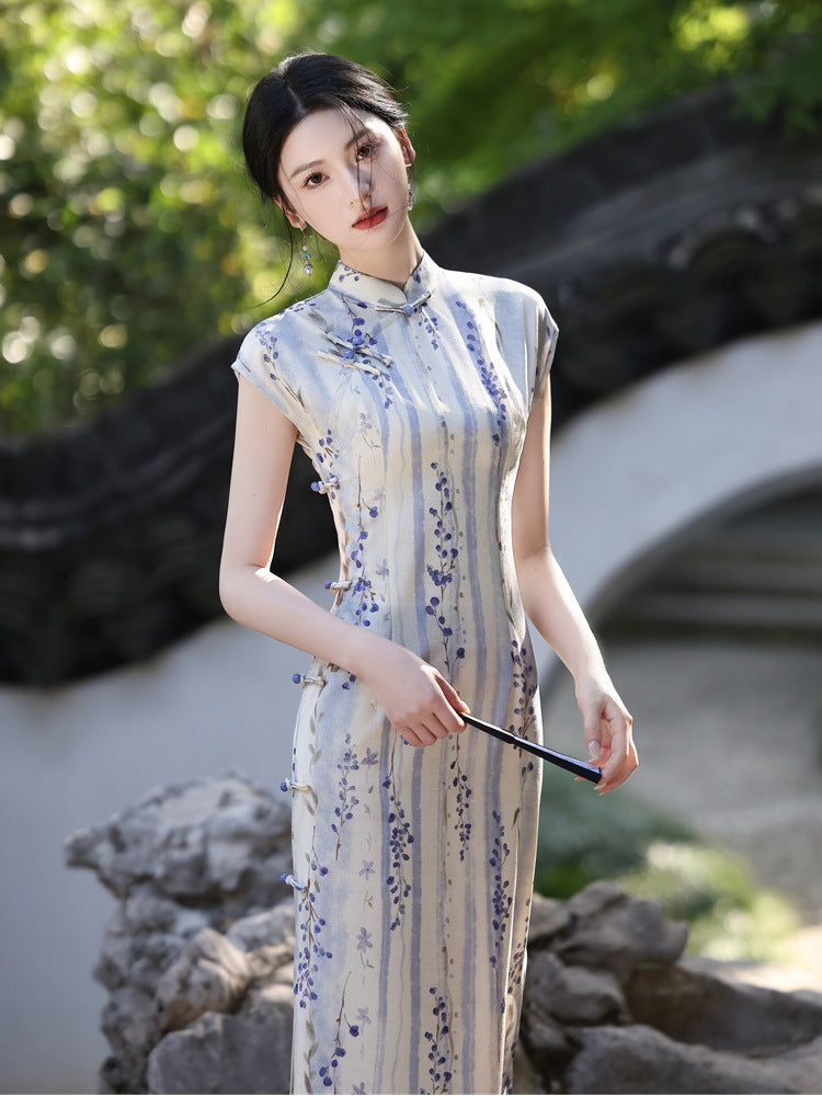 Spring Elegant Purple-Stripe Qipao | Slim Mandarin Collar Cap Sleeves