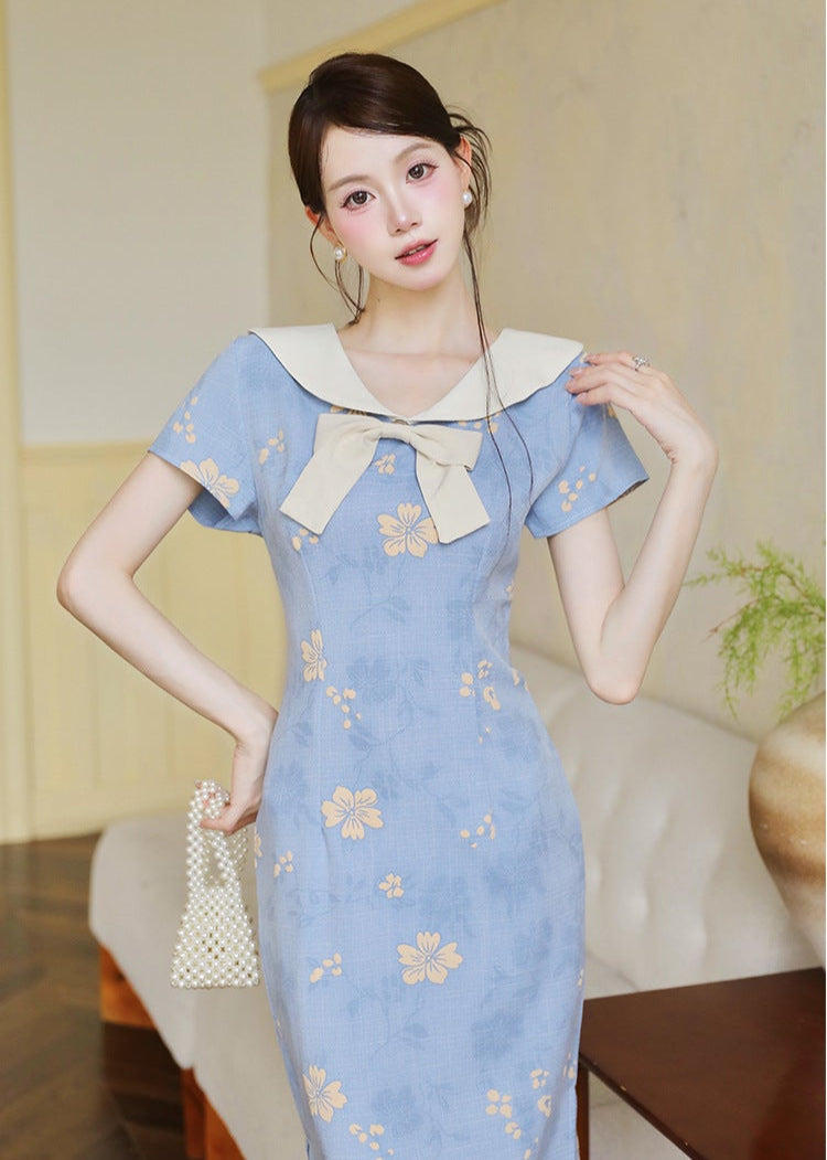 Blue Sailor Bow Qipao Dress | Slim Side-Slit, Retro Chic