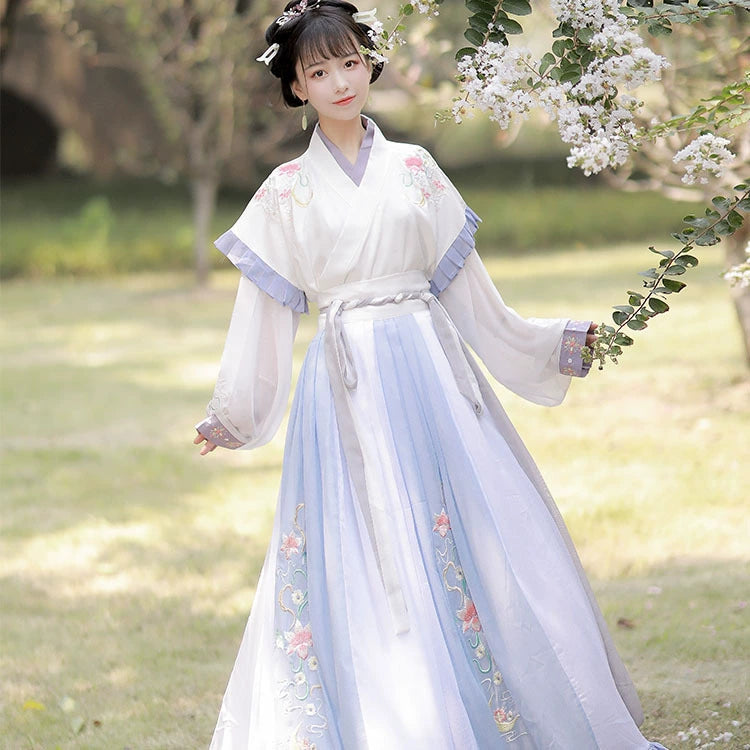 Floral Embroidered Song Dynasty Hanfu Dress – Flowing Chiffon Fairy Gown