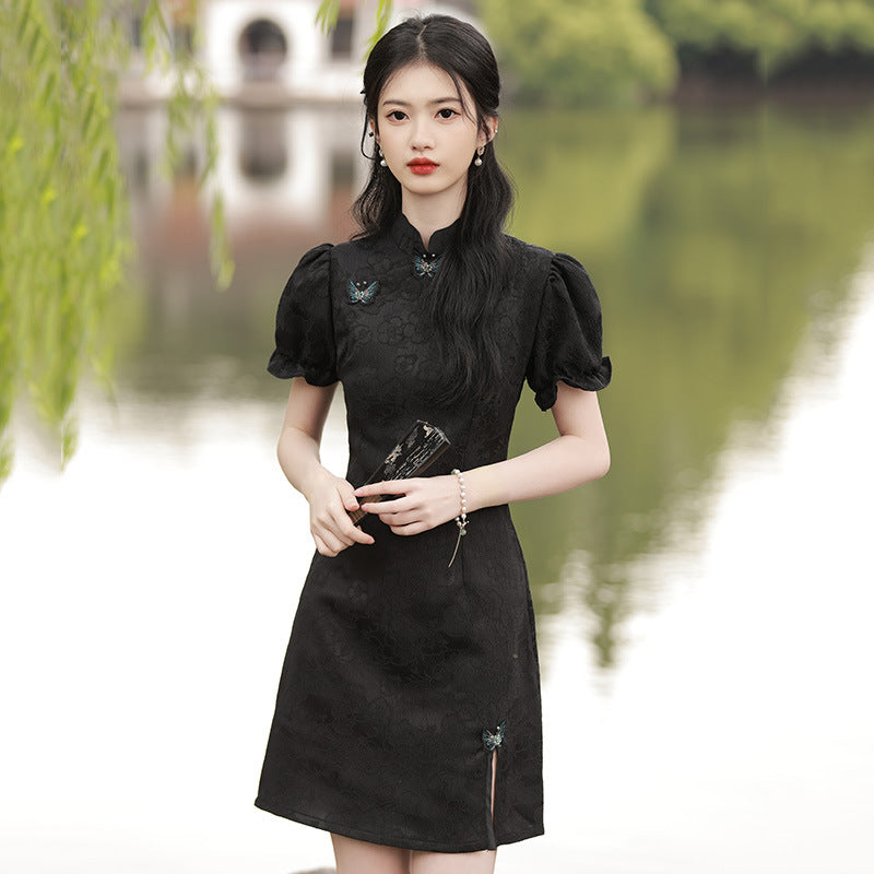 Elegant Black Chinese-Inspired Mini Dress with Puff Sleeves for Women