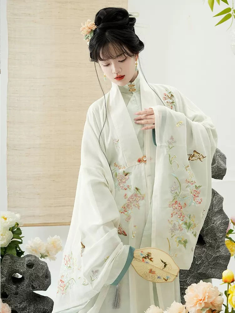Traditional Hanfu Floral Embroidered Dress with Flowing Sleeves, Elegant Pastel Design, Perfect for Chinese Cultural Occasions