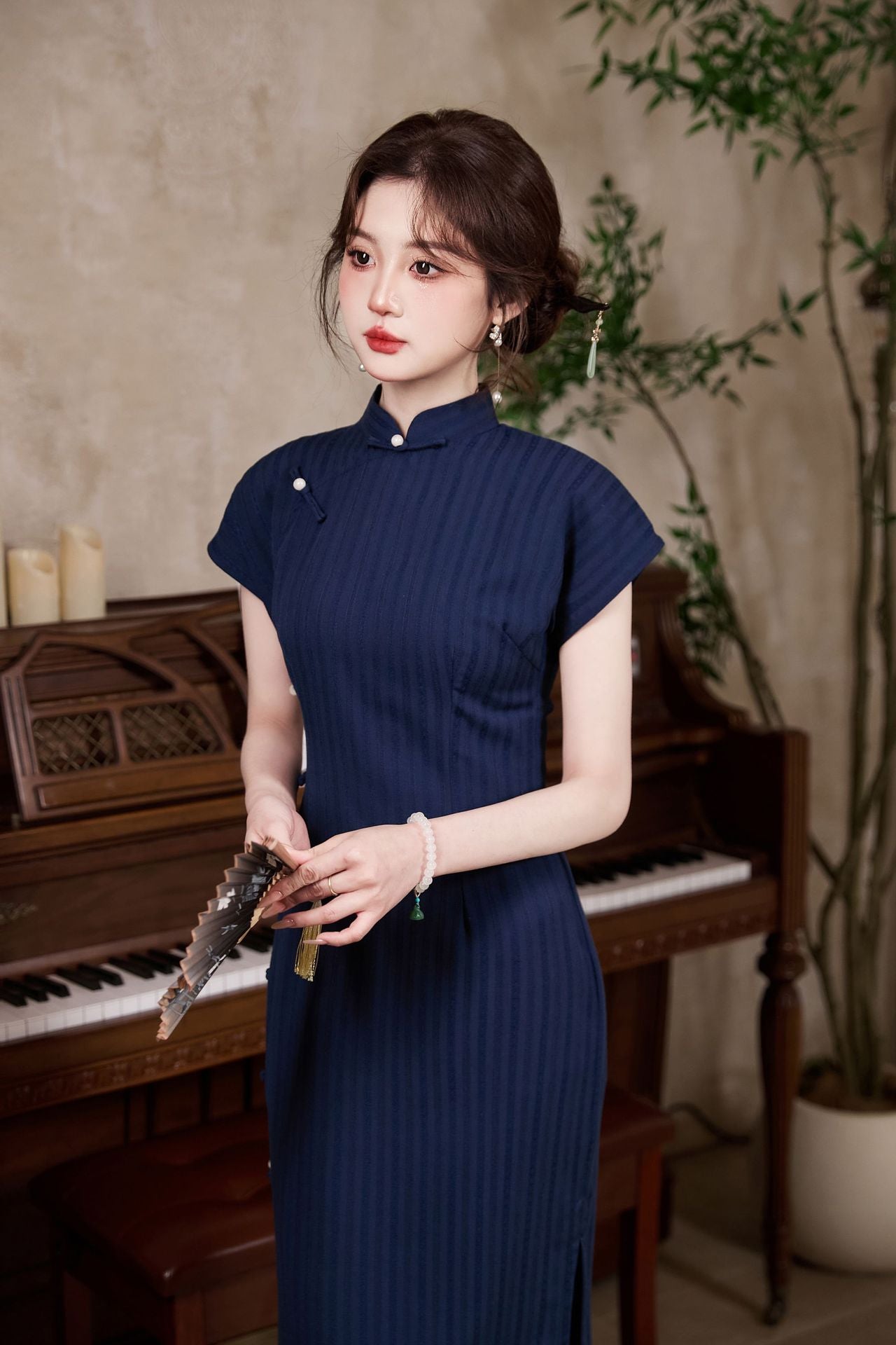New Chinese Style Vintage Cheongsam Dress | Ribbed Slim Midi Mandarin