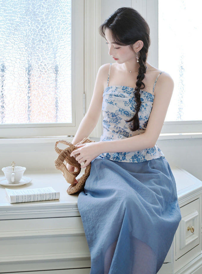 Chinese-Style Blue-and-White Camisole Set | Fresh Blue Sheer Midi Skirt